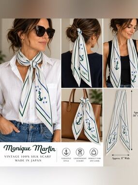 Vintage Monique Martin 100% Silk Nautical Anchor Scarf Made in Japan